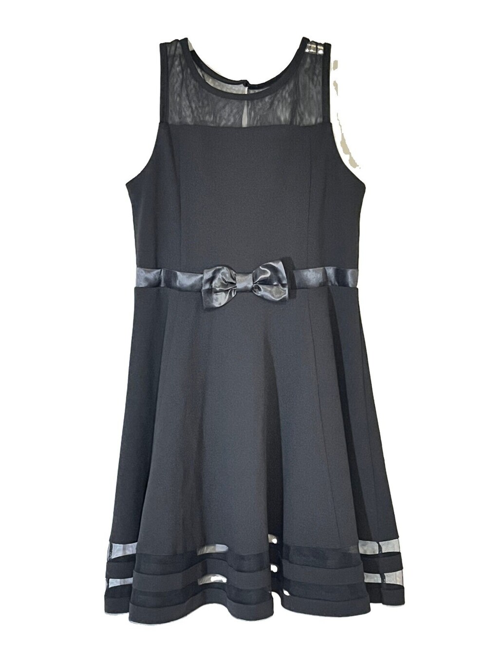 Calvin Klein Black Mesh Yoke Bow Fit and Flare Dress Party Jr Womens Size 14